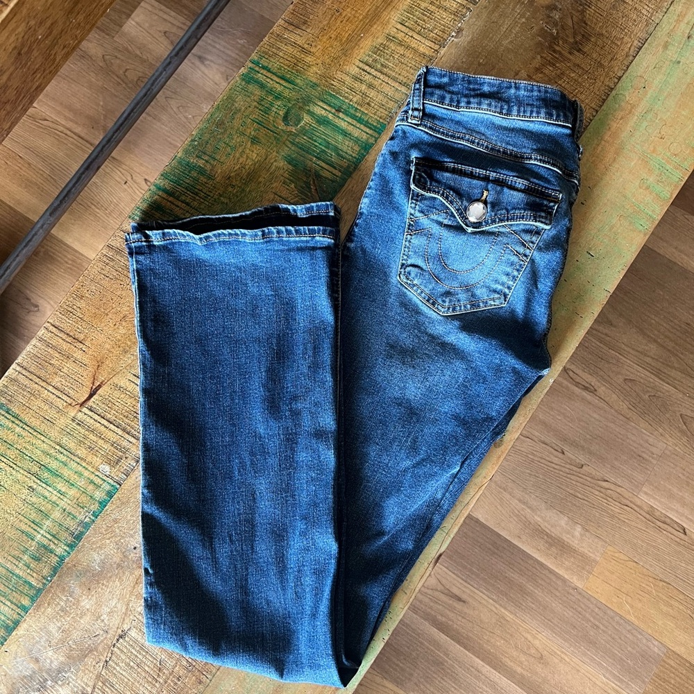 True Religion Becca Medium Muggy Wash Crystal Flap Bootcut Jeans